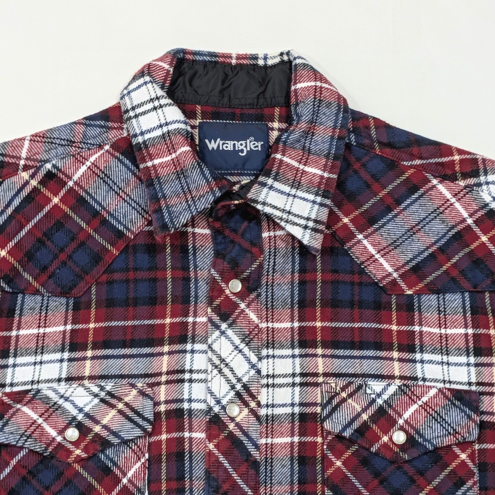 Wrangler Mens Western Pearl Snap Thick Flannel Shirt Red Navy Blue Plaid Large